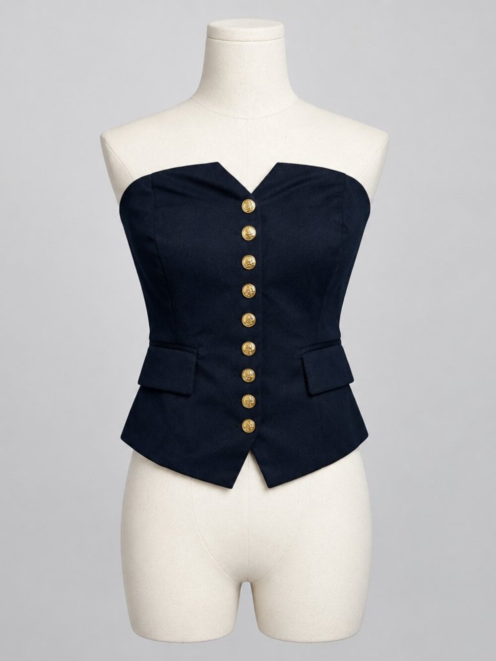 FORE Navy Blue Strapless Gold Button Corset Top Size S